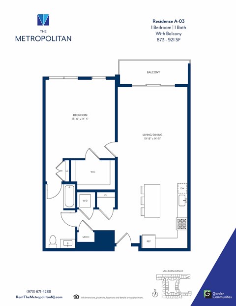 Floor plan for 1 bed, 1 bath, 921 sqft